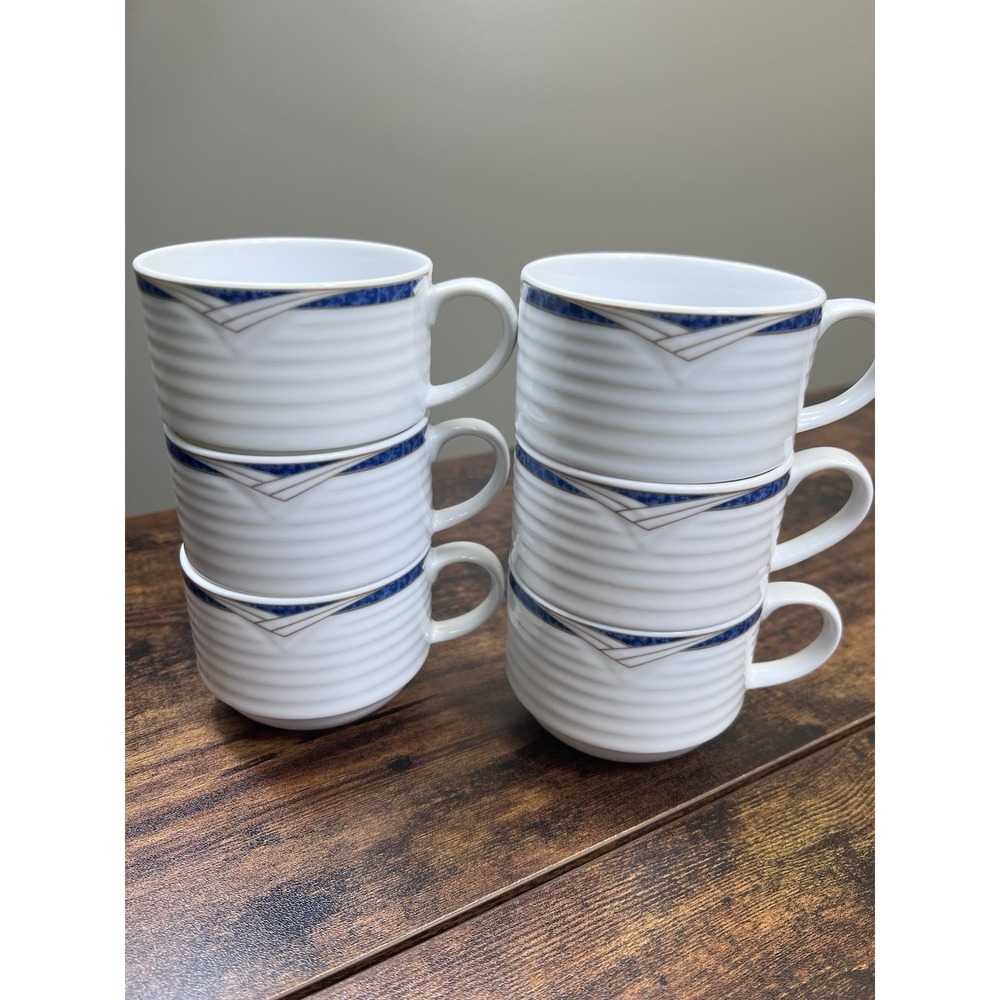 Lot Of 6 Contemporary Noritake Tea Cups Arctic Blue Ribbed Very‎ Nice